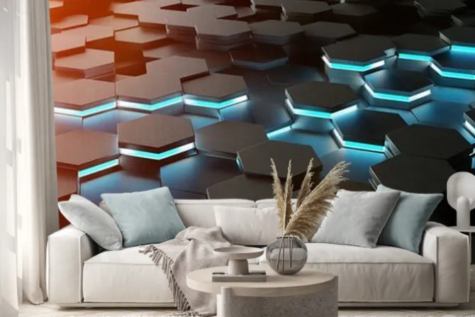 Naklejka: Czarne heksagony z niebieskim neonem