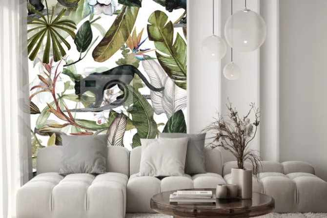 Naklejka: Czarne pantery wśród tropikalnych kwiatów i liści