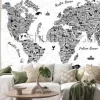 Naklejka: Czarno-biała mapa świata z ikonami zabytków i zwierząt