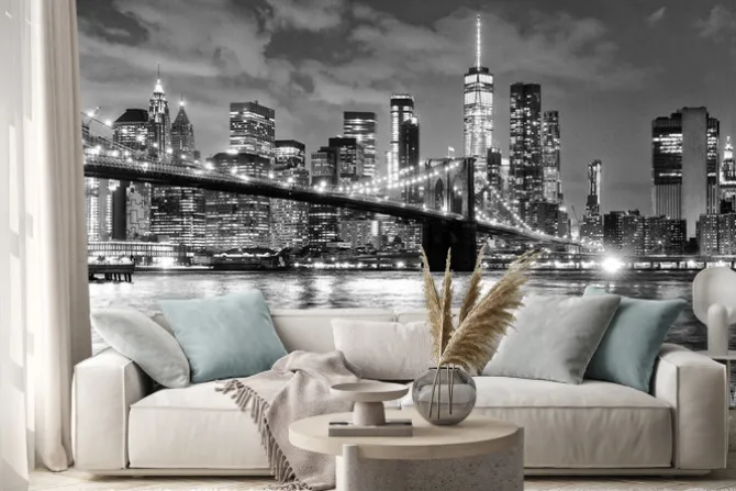 Naklejka: Czarno-biała panorama nowego jorku nocą z mostem brooklińskim