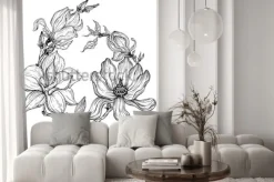 Naklejka: Czarno-biała ramka z kwiatów magnolii