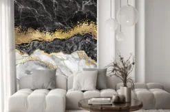 Naklejka: Czarno-biały marmur ze złotawymi zdobieniami