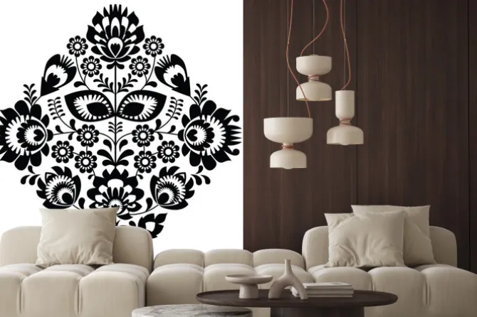 Naklejka: Czarno-biały wzór kwiatowy w stylu ludowym