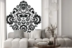 Naklejka: Czarno-biały wzór kwiatowy w stylu ludowym