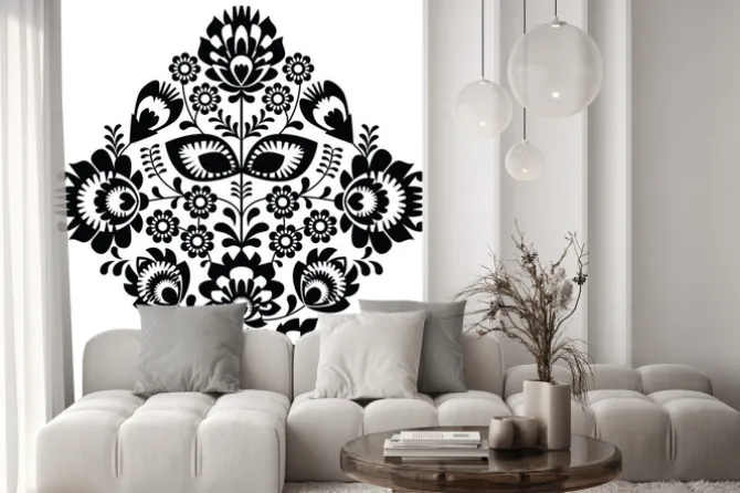 Naklejka: Czarno-biały wzór kwiatowy w stylu ludowym