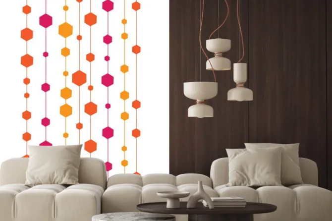 Naklejka: Czerwone i pomarańczowe pionowe pasy z sześcianami