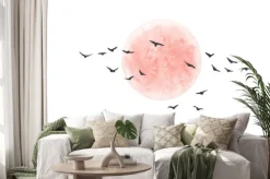 Naklejka: Czerwone słońce i latające ptaki na białym tle