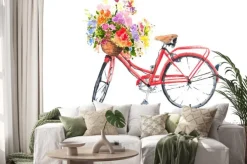 Naklejka: Czerwony retro bicykl z kolorowymi kwiatami w koszu, akwarela