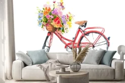 Naklejka: Czerwony retro bicykl z kolorowymi kwiatami w koszu, akwarela