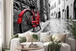 Naklejka: Czerwony rower w stylu vintage na tle czarno-białego miasta