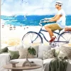 Naklejka: Człowiek na rowerze letnia scena plaży ilustracja akwarela ręcznie