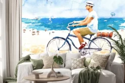 Naklejka: Człowiek na rowerze letnia scena plaży ilustracja akwarela ręcznie