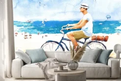 Naklejka: Człowiek na rowerze letnia scena plaży ilustracja akwarela ręcznie
