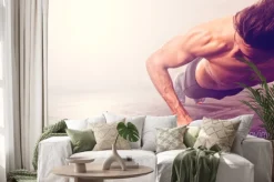 Naklejka: Człowiek robi push-up ćwiczenia z hantle. silny mężczyzna robi