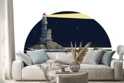 Naklejka: Człowiek w falochronu patrząc latarni lightning w nocy