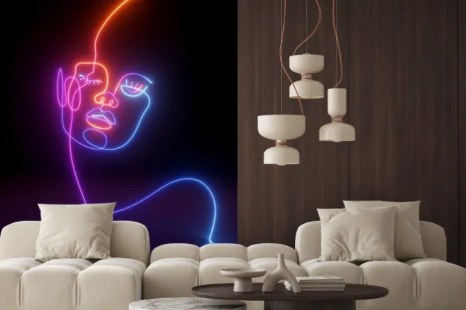 Naklejka: 3d render, abstract linear art portrait of a woman, glowing with