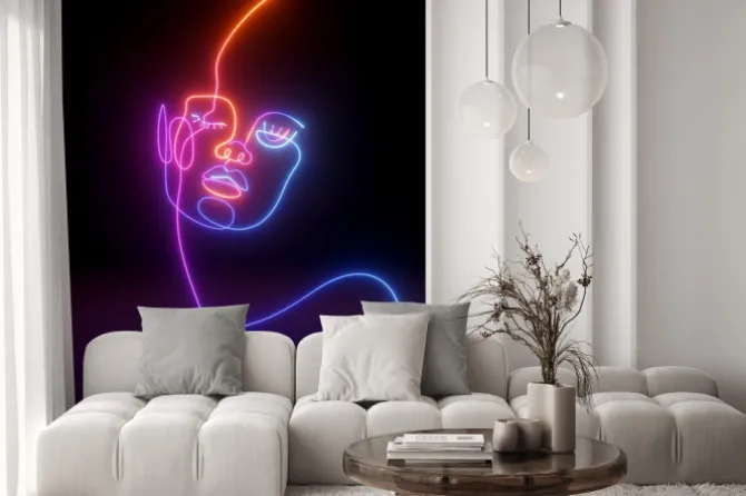 Naklejka: 3d render, abstract linear art portrait of a woman, glowing with