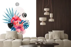 Naklejka: Dekoracja z hibiskusami i liśćmi