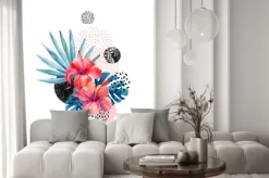 Naklejka: Dekoracja z hibiskusami i liśćmi