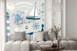 Naklejka: Dekoracyjne żeglarskie i set sea, morskie ilustracje