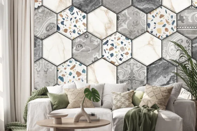 Naklejka: Digital colorful wall tile design for washroom and kitchen. marble