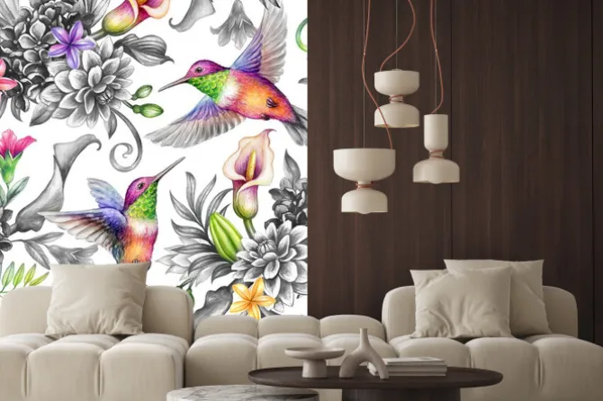 Naklejka: Digital watercolor botanical illustration, seamless floral pattern,