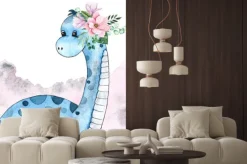 Naklejka: Dinozaur z kwiatami malowany akwarelami