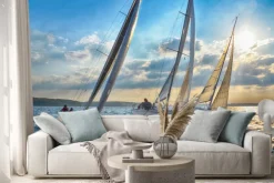 Naklejka: Łódki na morzu o zachodzie słońca