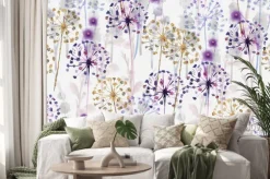 Naklejka: Dmuchawce i kwiaty w kolorach fioletu i złotawego