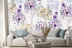 Naklejka: Dmuchawce i kwiaty w kolorach fioletu i złotawego