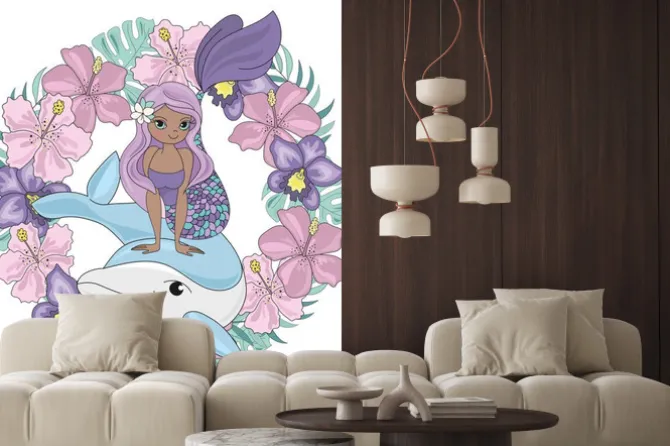 Naklejka: Dolphin wreath floral mermaid cartoon underwater sea ocean cruise
