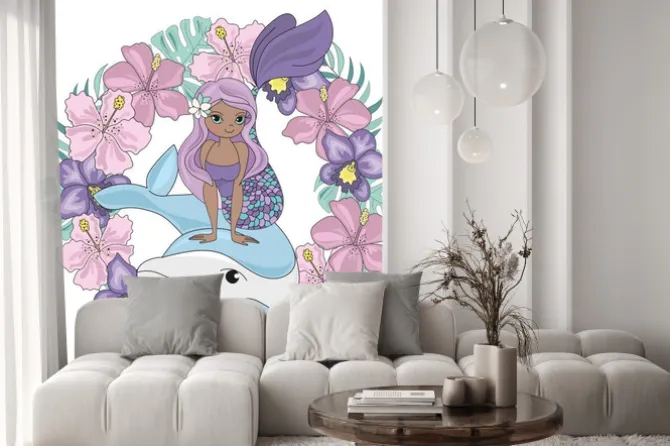 Naklejka: Dolphin wreath floral mermaid cartoon underwater sea ocean cruise