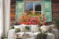 Naklejka: Drewniane okno z okiennicami i kwiatami