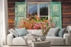 Naklejka: Drewniane okno z okiennicami i kwiatami