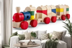 Naklejka: Drewniane zabawki pociągu z kolorowych bloków odizolowane na