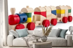 Naklejka: Drewniane zabawki pociągu z kolorowych bloków odizolowane na