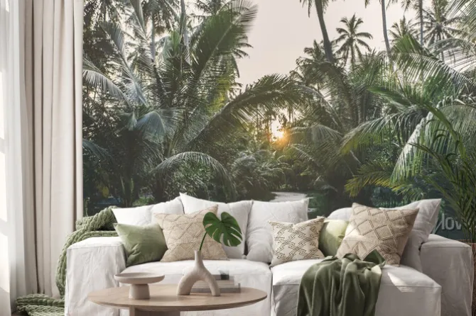 Naklejka: Droga na tropikalnej wyspie wśród palm w stylu retro