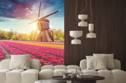 Naklejka: Droga prowadząca do holenderskich wiatraków z kanału w rotterdamie.