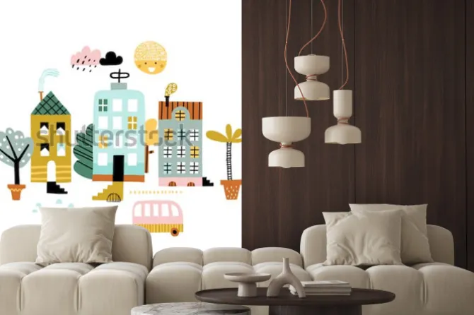 Naklejka: Drukuj miasto kreskówki. dziecinna wektorowa ilustracja z drapaczem