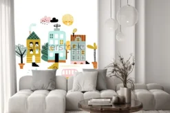 Naklejka: Drukuj miasto kreskówki. dziecinna wektorowa ilustracja z drapaczem