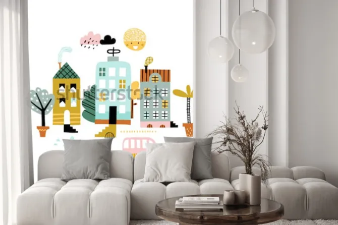 Naklejka: Drukuj miasto kreskówki. dziecinna wektorowa ilustracja z drapaczem