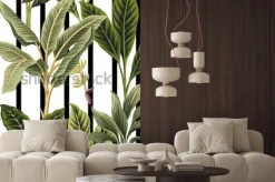 Naklejka: Duże egzotyczne liście na tle czarnych i białych pasów