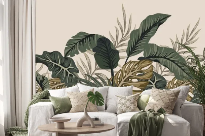 Naklejka: Duże liście palmy i monstery na beżowym tle