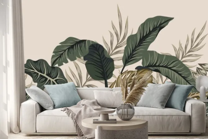 Naklejka: Duże liście palmy i monstery na beżowym tle