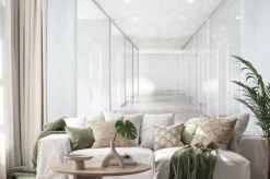 Naklejka: Długi korytarz z betonową podłogą i przezroczystych ścian w moder