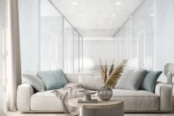 Naklejka: Długi korytarz z betonową podłogą i przezroczystych ścian w moder