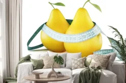 Naklejka: Dwie gruszki owinięte w metrach. konceptualnych. 3d ilustracji.