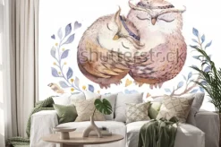 Naklejka: Dwie przytulone do siebie sówki w stylu akwareli