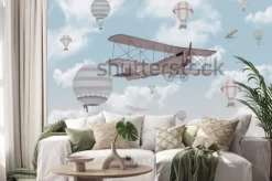 Naklejka: Dwupłatowiec i balony na tle chmur