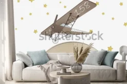 Naklejka: Dziecięca ilustracja z samolotem i księżycem